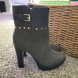 GBG Los Angeles Olive Green Suede Ankle Booties with Gold Studs